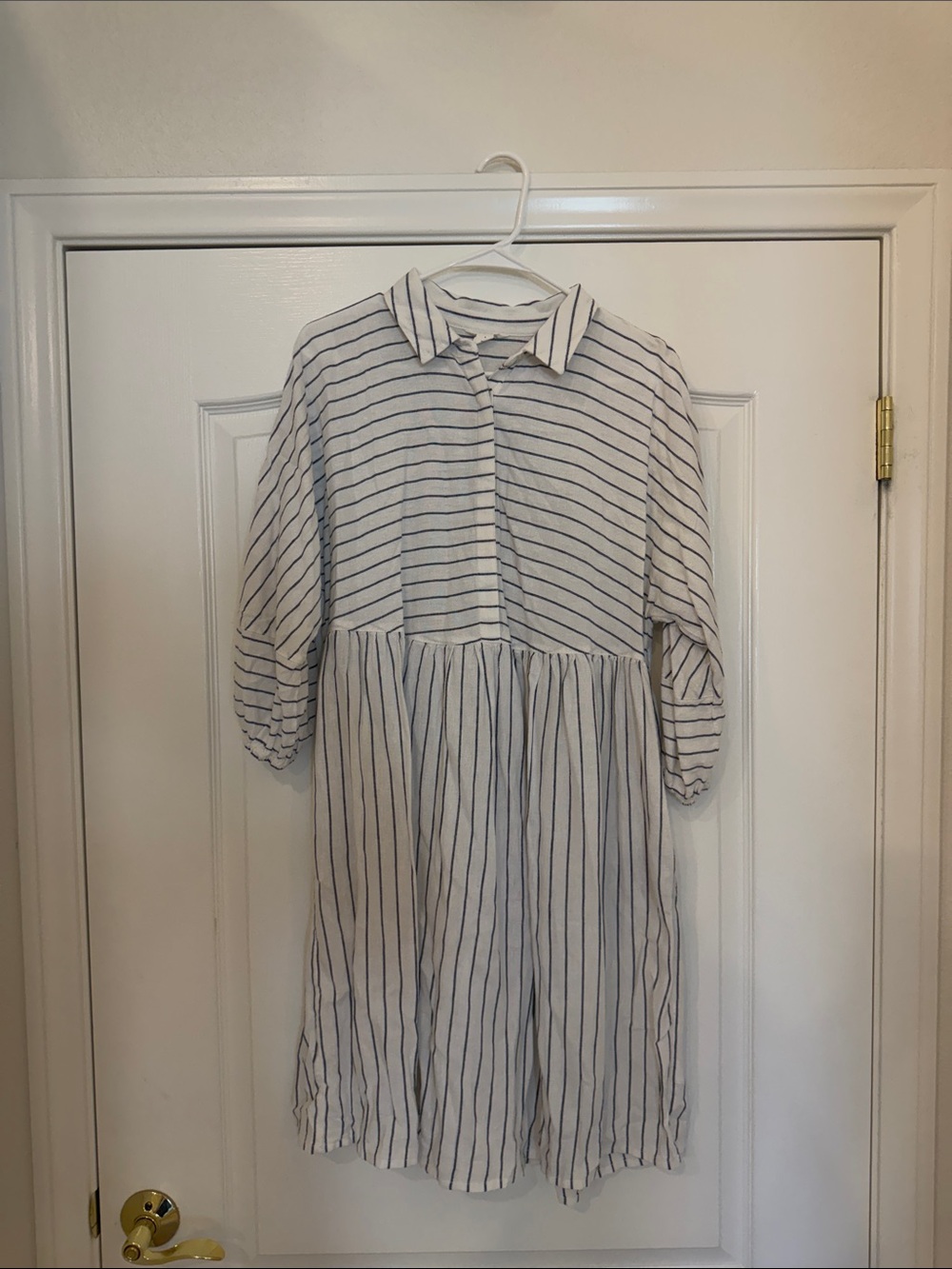 Caslon White Dress with Navy Vertical Stripes
